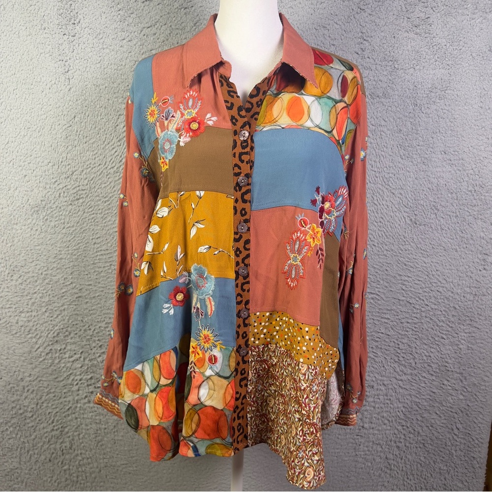 John Mark Blouse Womens PL Embroidered Floral Patchwork Button Boho Pleasant